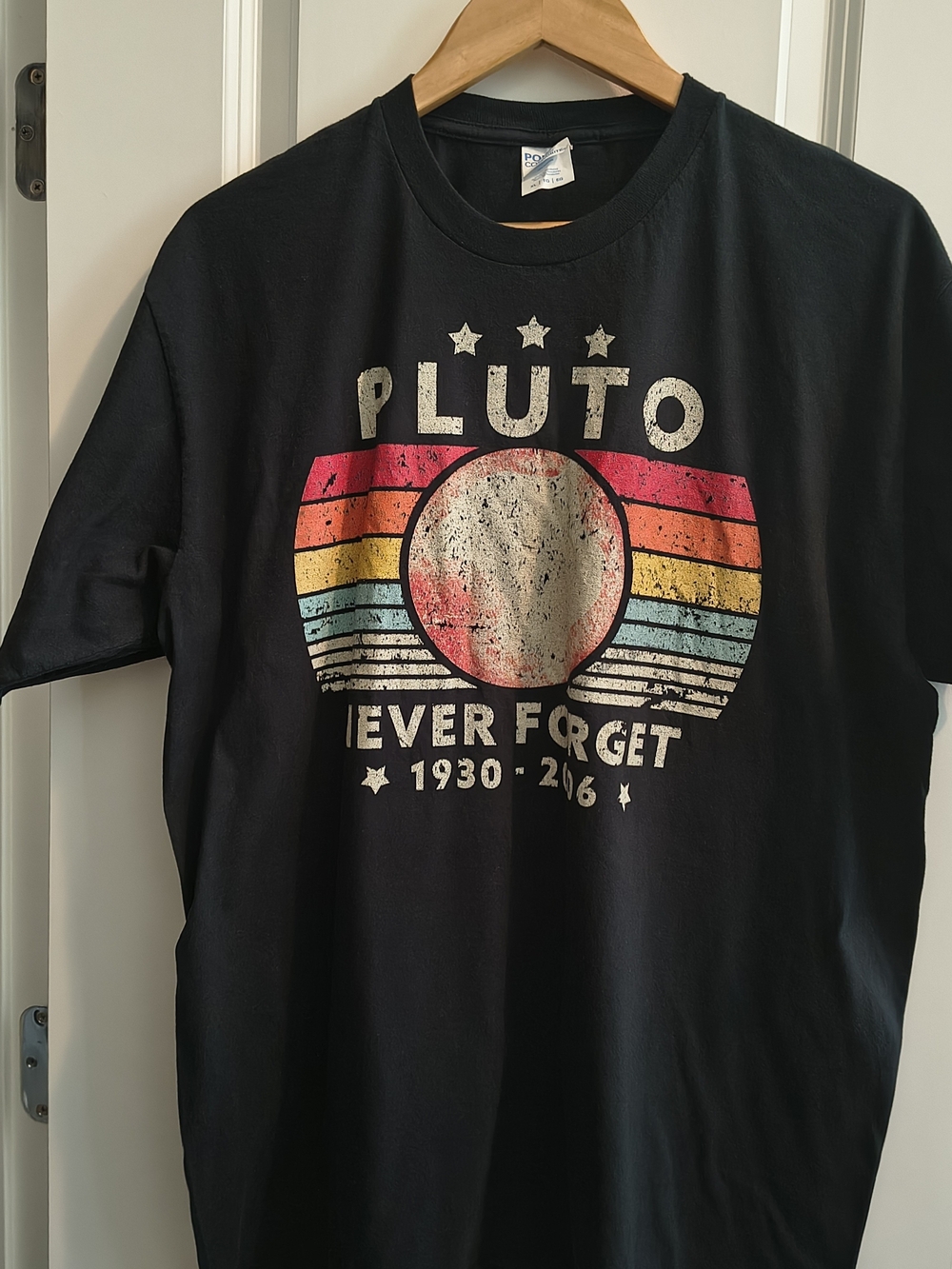 Pluto Never Forget Graphic Tee - Black with Retro Rainbow